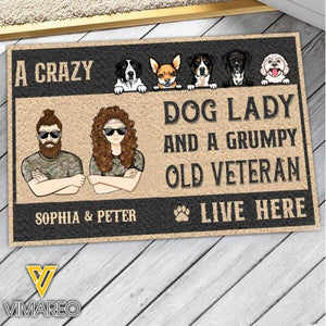 PERSONALIZED A CRAZY DOG LADY AND A GRUMPY OLD VETERAN LIVE HERE DOORMAT TNDT2610