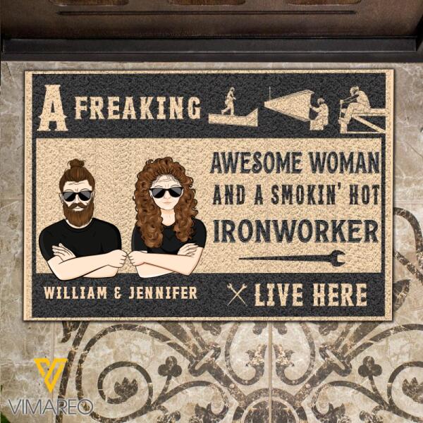 Personalized A Freaking Awesome Woman And A Smokin' Hot Ironworker Live Here Christmas Doormat Printed NOV-MQ12