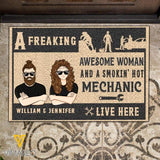 Personalized A Freaking Awesome Woman And A Smokin' Hot Mechanic Live Here Christmas Doormat Printed NOV-MQ12