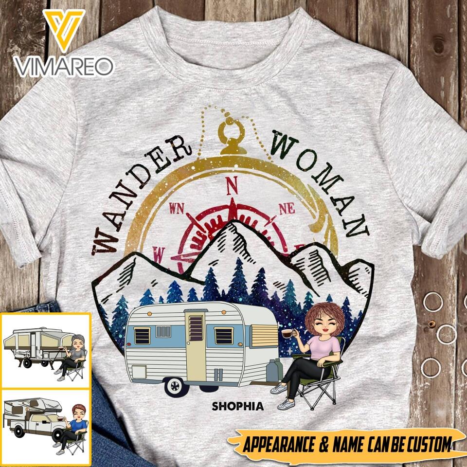PERSONALIZED WANDER WOMAN CAMPING GREY TSHIRT QTTN2103