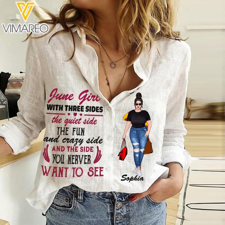 Personalized June Girl With Three Sides Women Linen Shirt QTTQ2403