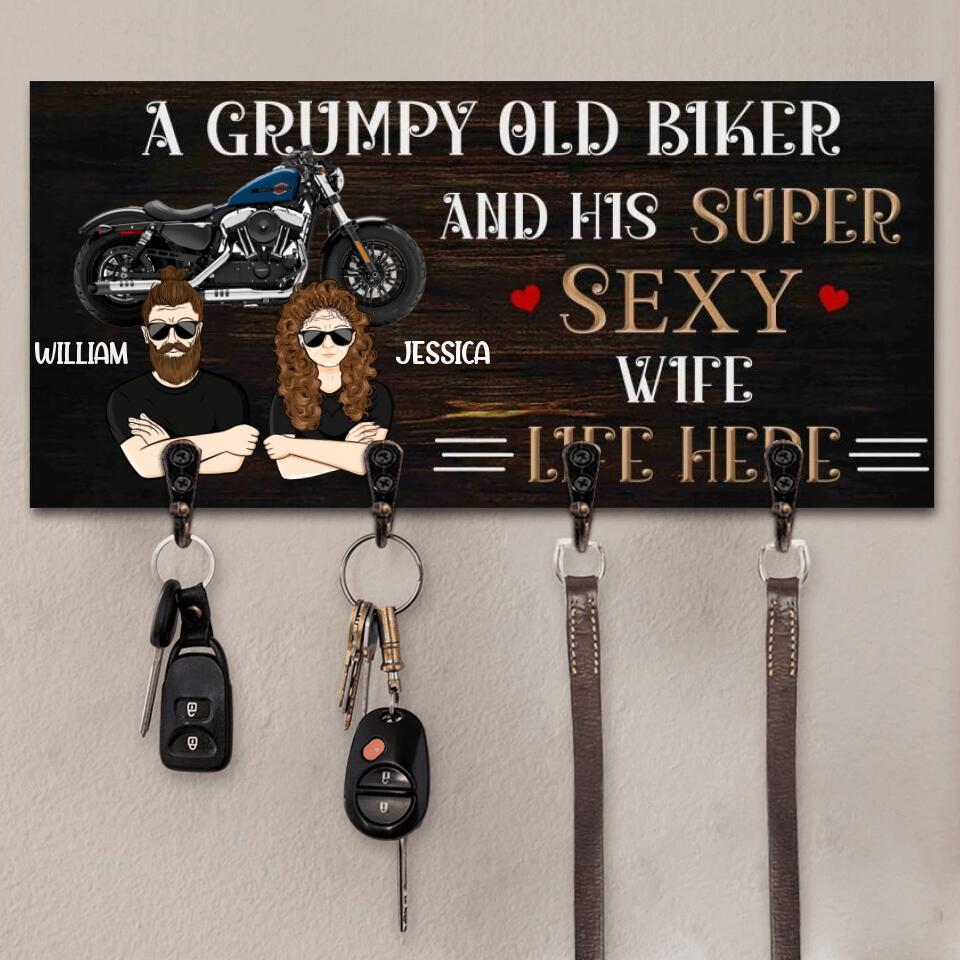 Personalized A Grumpy Old Biker And His Supper Sexy Wife Live Here Key Holder Printed 22JUL-HY15
