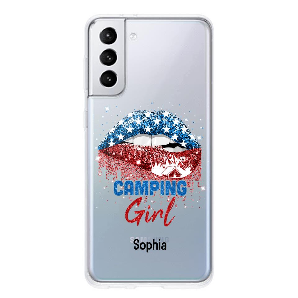 Personalized Camping Girl Us Flag Silicon Phonecase NQHC2206