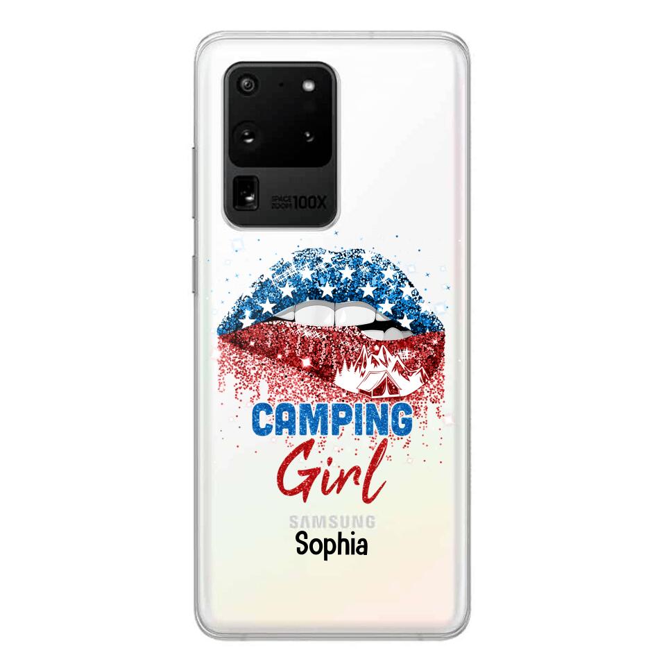 Personalized Camping Girl Us Flag Silicon Phonecase NQHC2206