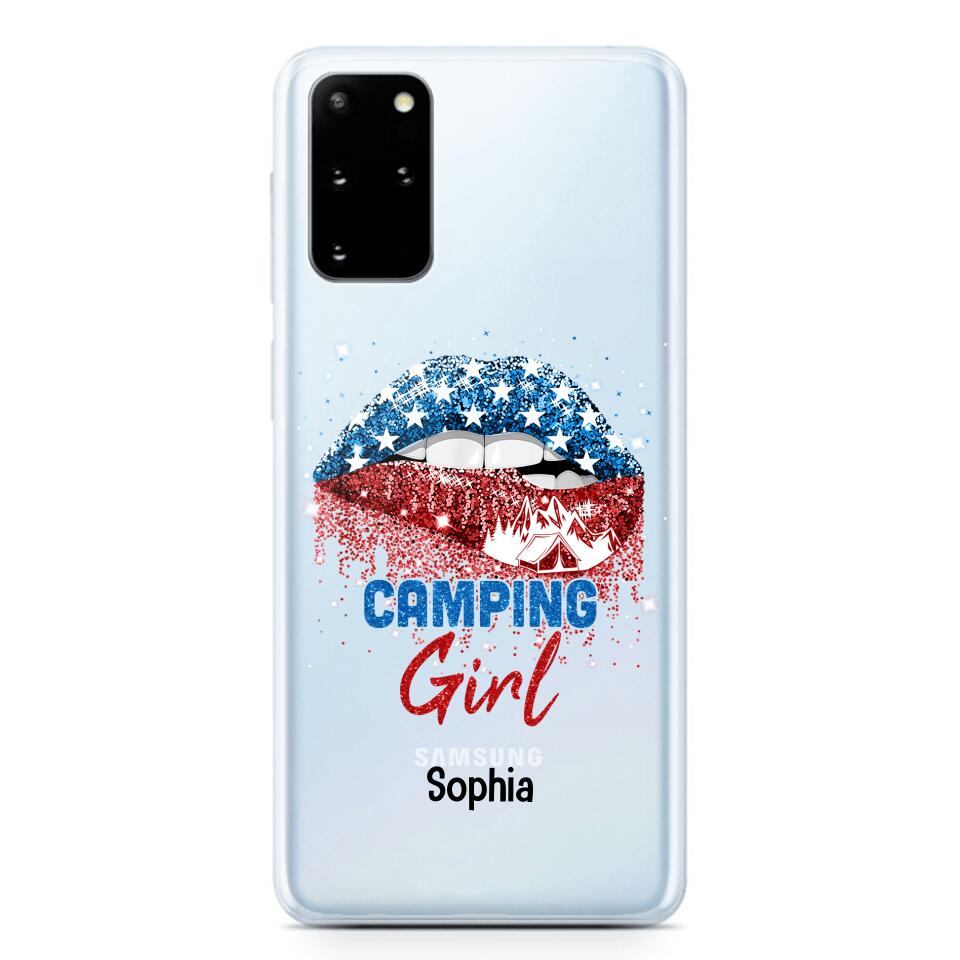 Personalized Camping Girl Us Flag Silicon Phonecase NQHC2206