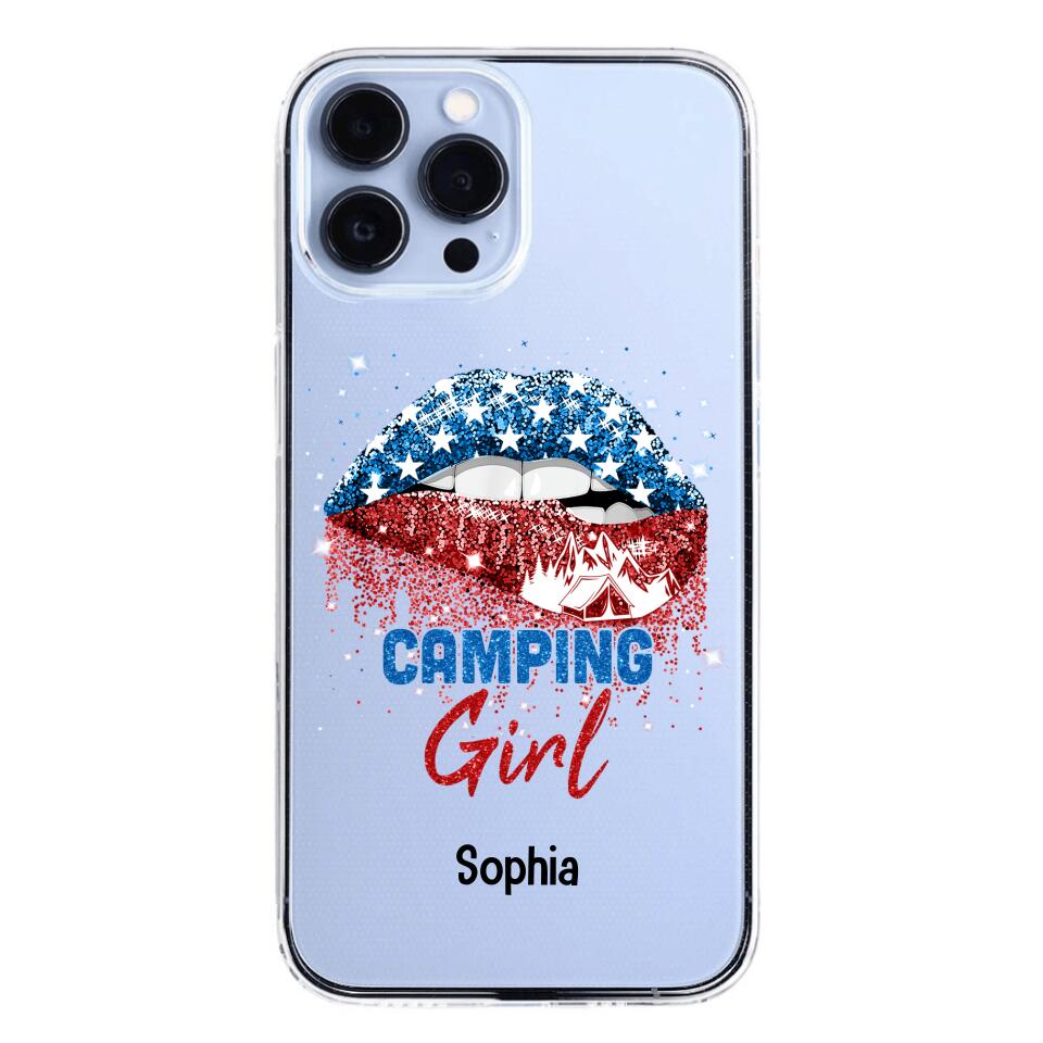 Personalized Camping Girl Us Flag Silicon Phonecase NQHC2206