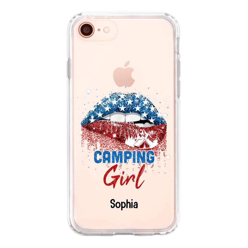 Personalized Camping Girl Us Flag Silicon Phonecase NQHC2206