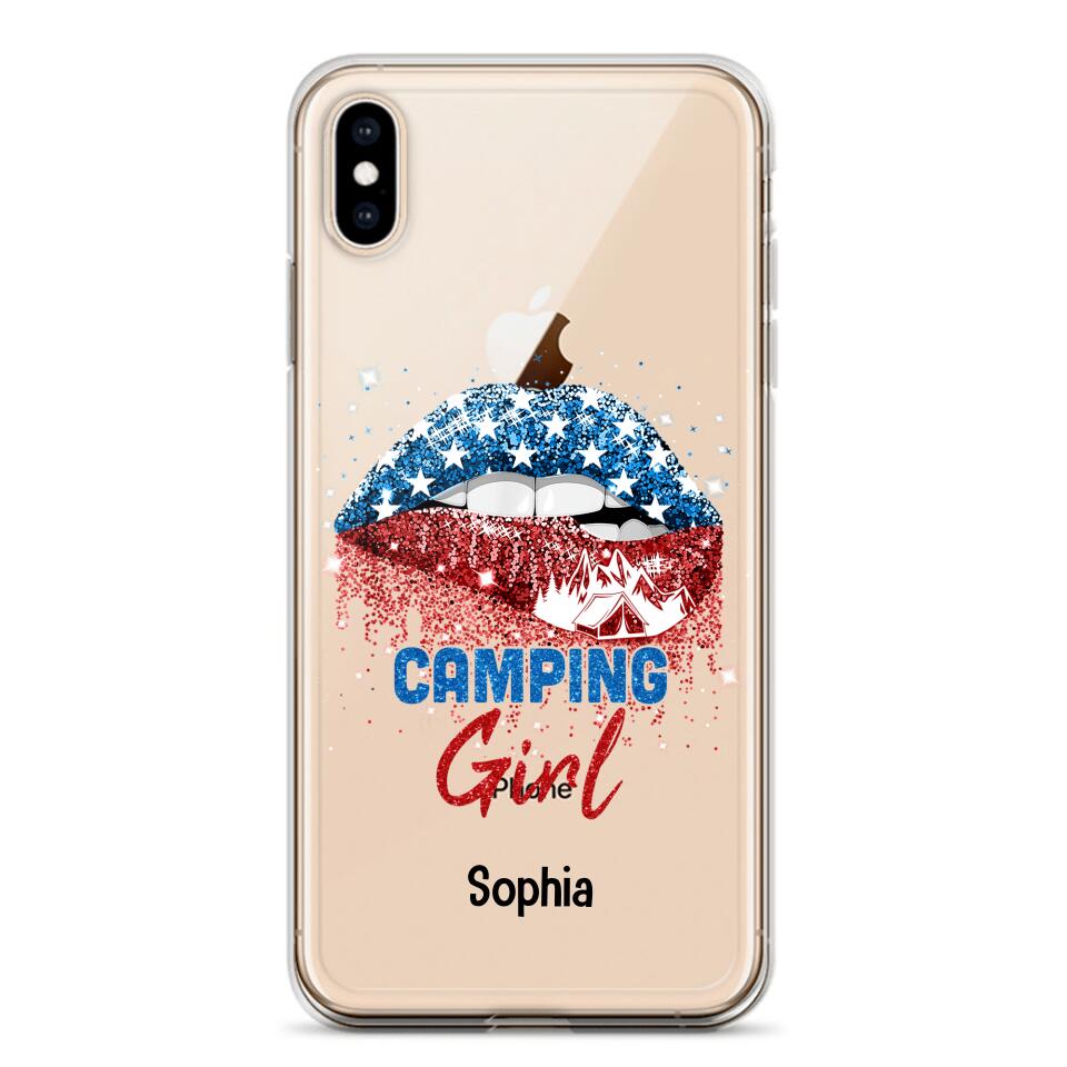 Personalized Camping Girl Us Flag Silicon Phonecase NQHC2206