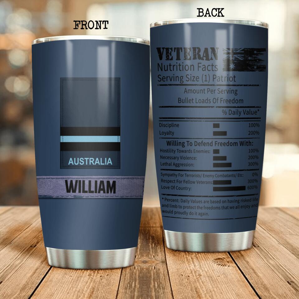 Personalized Australian Airforce Veterans Nutrition Facts Tumbler Printed QTDT3006