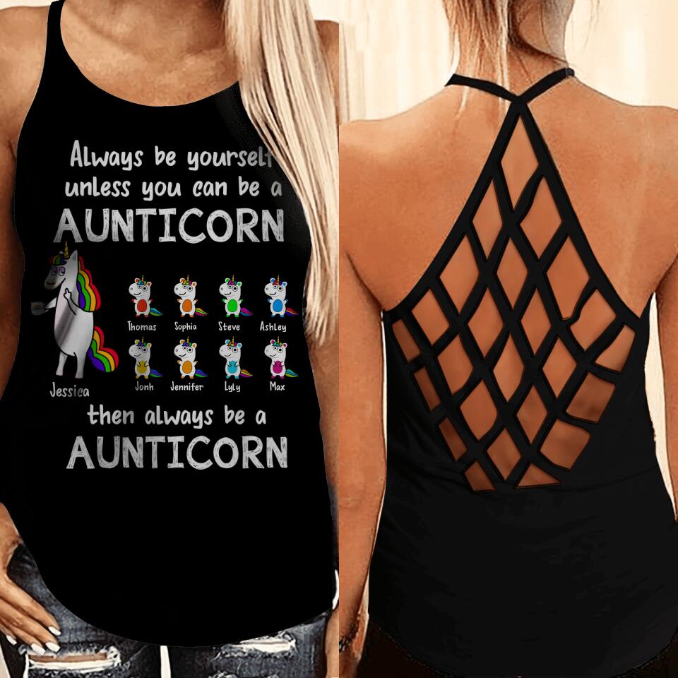 Personalized Aunticorn Kid Name Criss Cross Tank Or Tshirt Printed QTHC0207