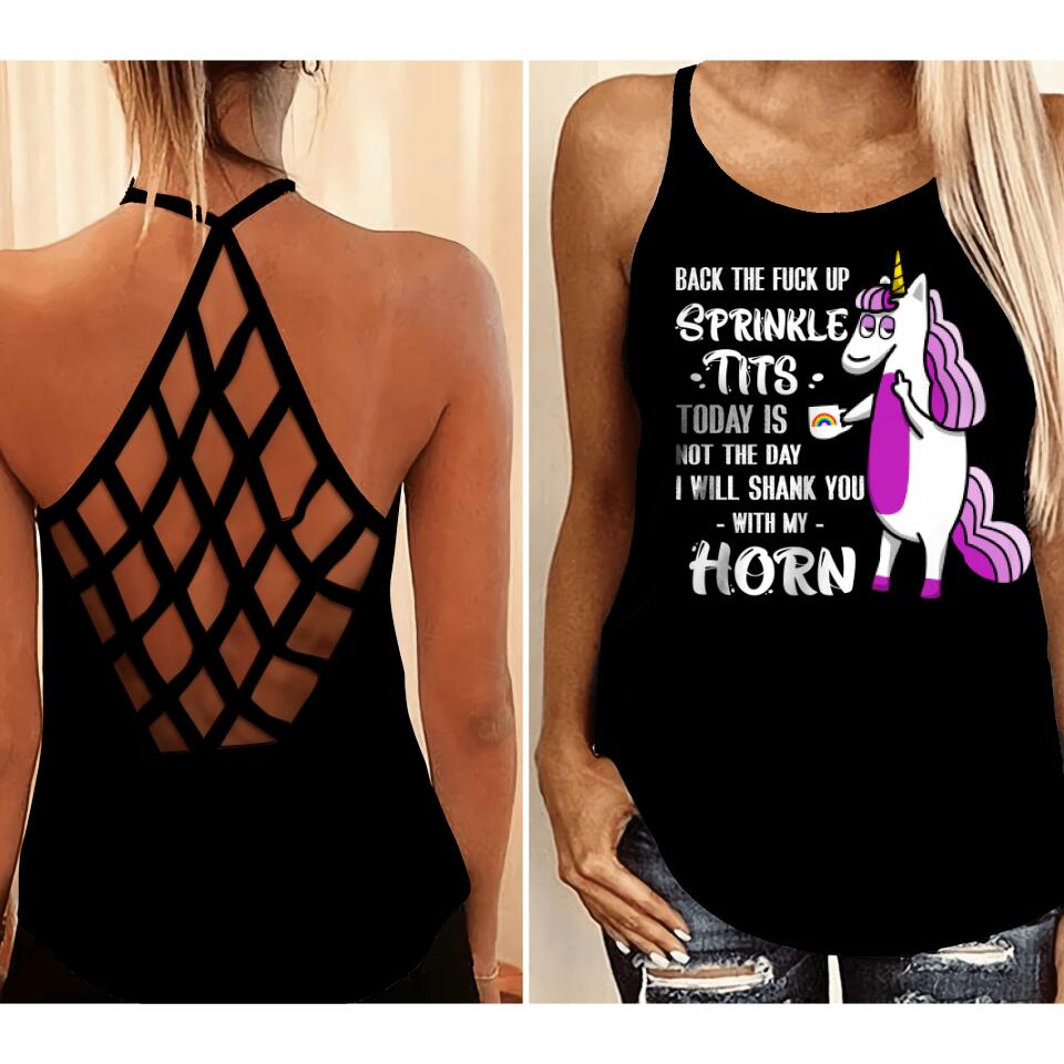 Personalized Back The Fuck Up Sprinkle Tits Horn Unicorn Criss Cross Tank QTDT0207