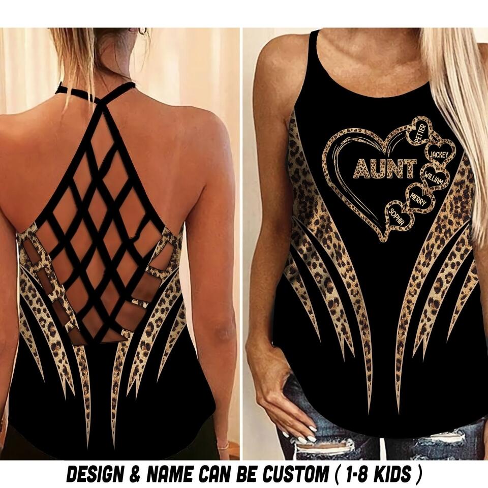 Personalized Aunt Kid Name Leopard Criss Cross Tank QTVQ1107