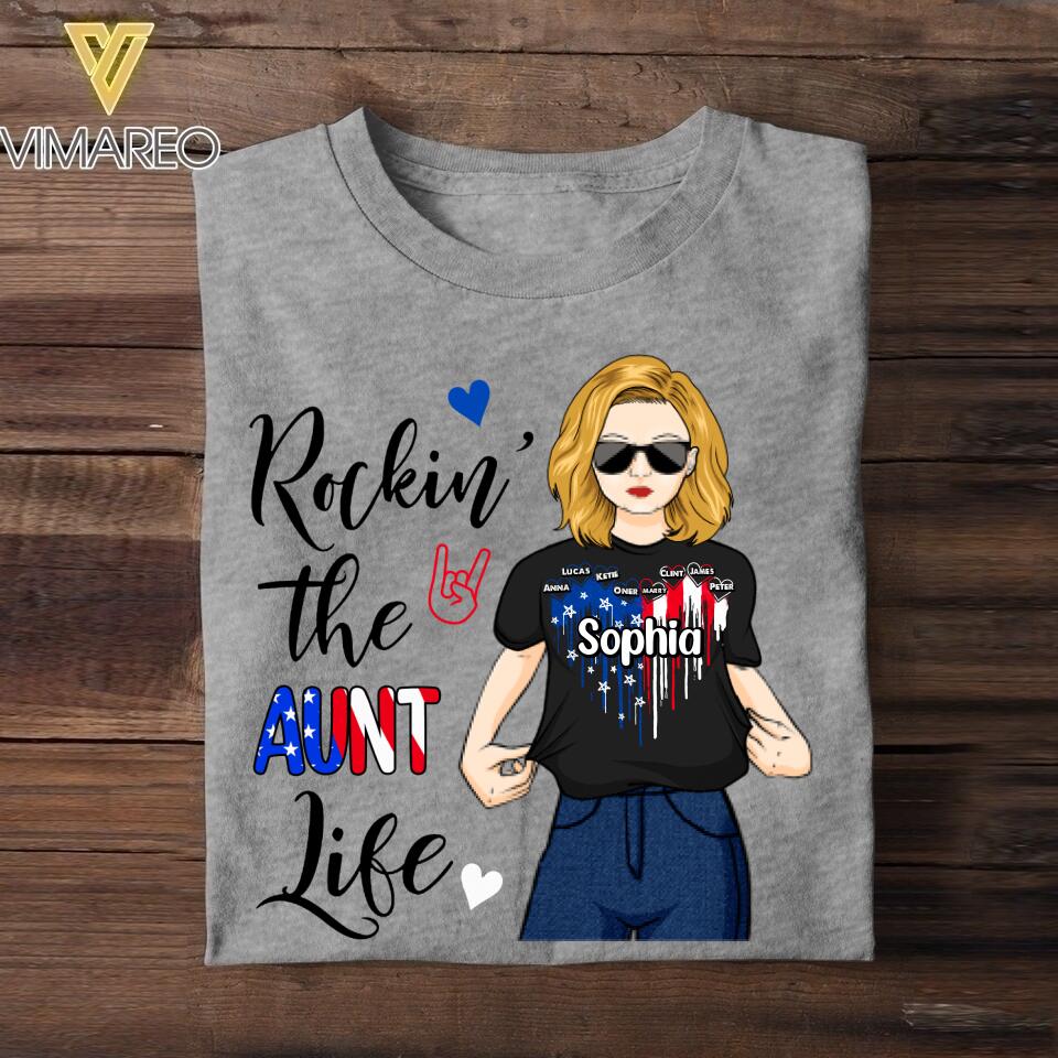Personalized Rockin' The Aunt Life Flag Heart Tshirt Printed 22JUY-DT14