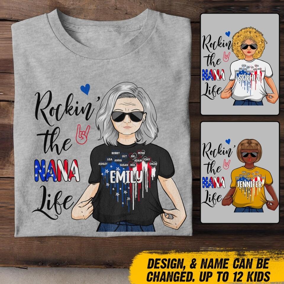 Personalized Rockin' The Nana Life Flag Heart Tshirt Printed 22JUY-DT14