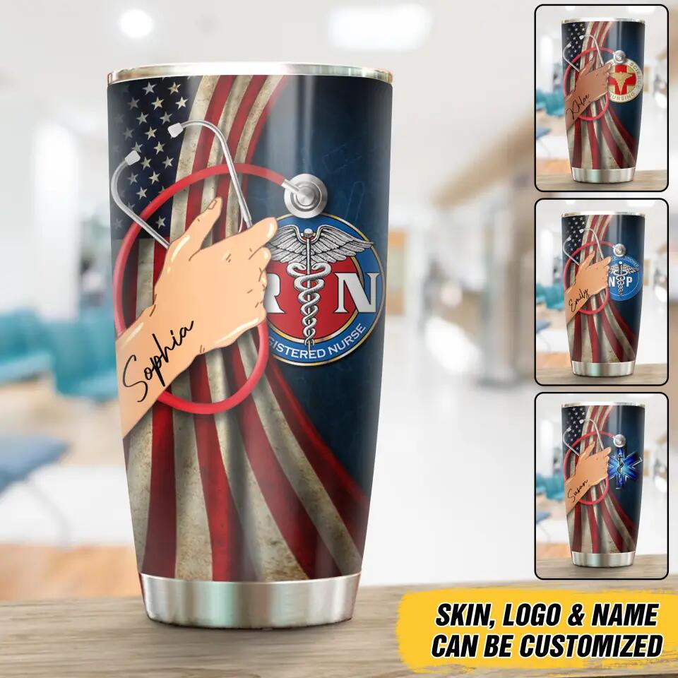 Personalized Nurse With Logo Us Flag Tumbler Printed 22DEC-DT07