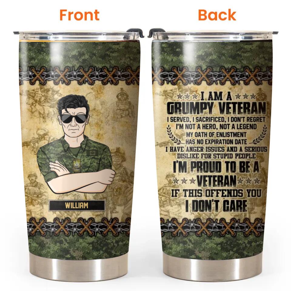 Personalized I Am A Canadian Grumpy Veteran I'm Proud To Be A Veteran Man With Rank Camo Tumbler Printed 22DEC-HQ22