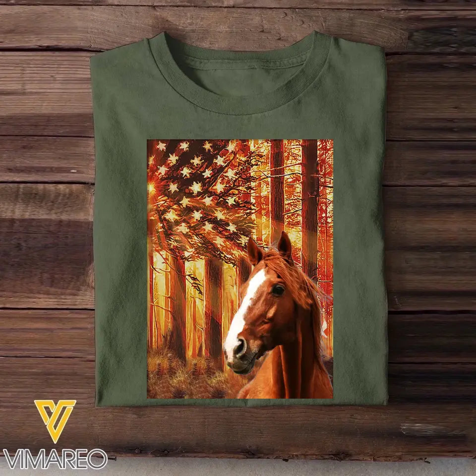Personalized Upload Your Horse Photo US Flag Tshirt Printed QTTB0605