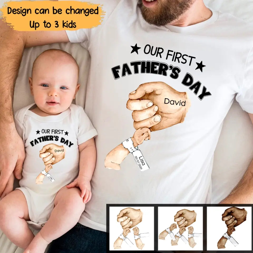 Personalized Our First Father's Day & Hand with Kid Name Tshirt or Baby Onesie Printed PNPN1005