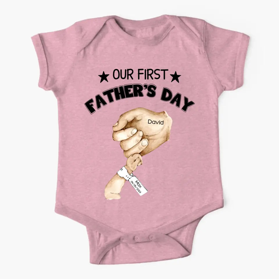 Personalized Our First Father's Day & Hand with Kid Name Tshirt or Baby Onesie Printed PNPN1005