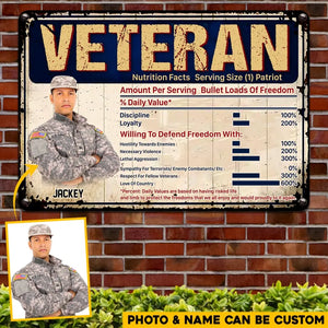 Personalized Upload Your US Veteran/Soldier Photo with Name Nutrition Facts Serving Size Patriot Metal Sign Printed 23APR-HQ11