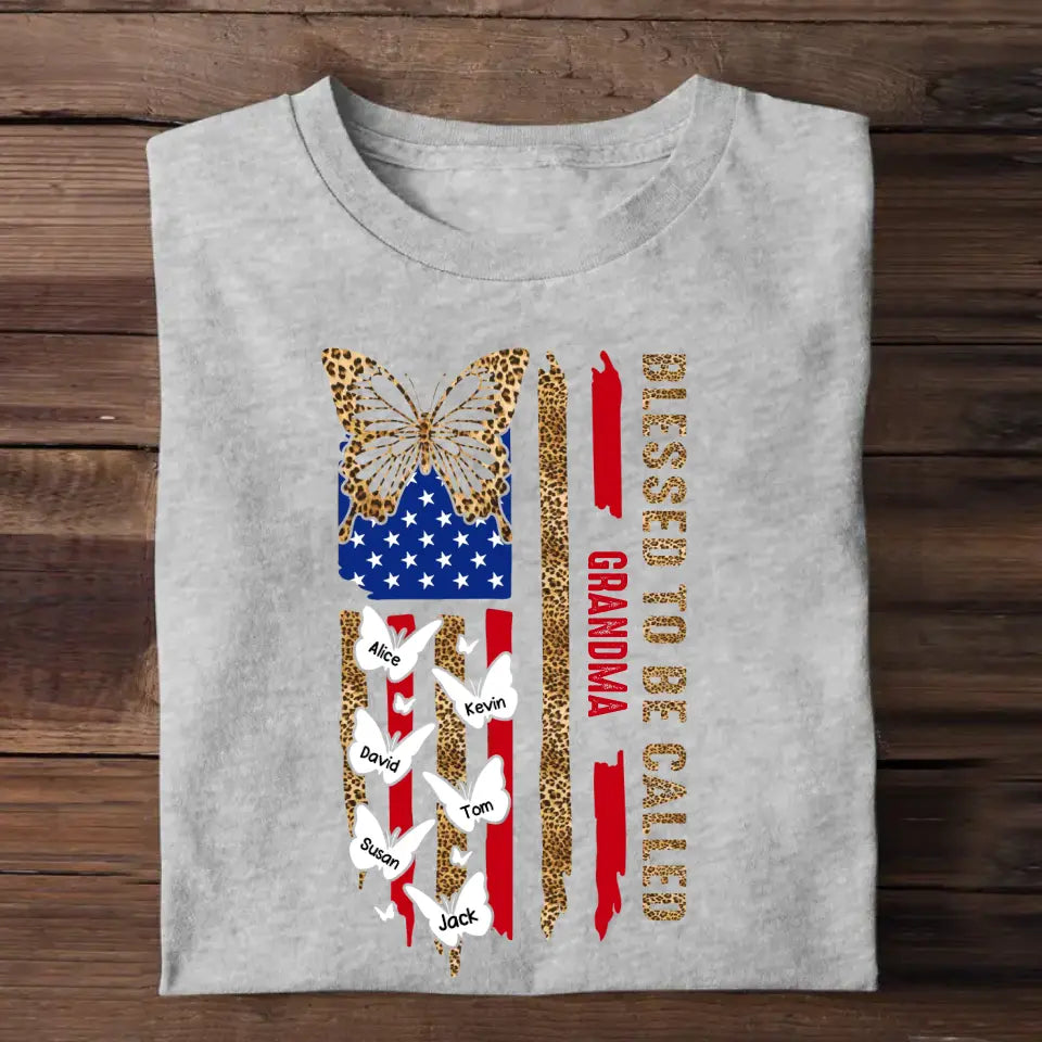 Personalized Blessed To Be Called Grandma Butterflies with Kid Name US Flag T-shirt Printed PNHQ1505