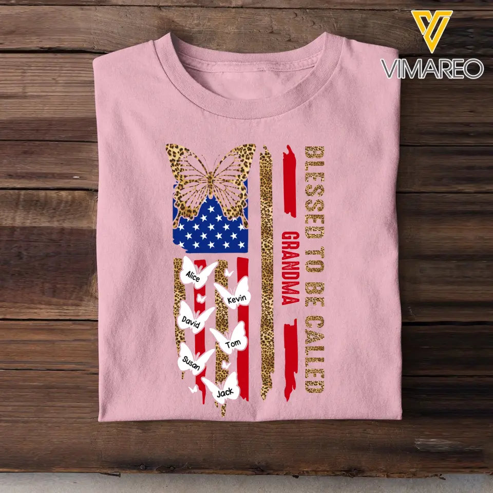 Personalized Blessed To Be Called Grandma Butterflies with Kid Name US Flag T-shirt Printed PNHQ1505