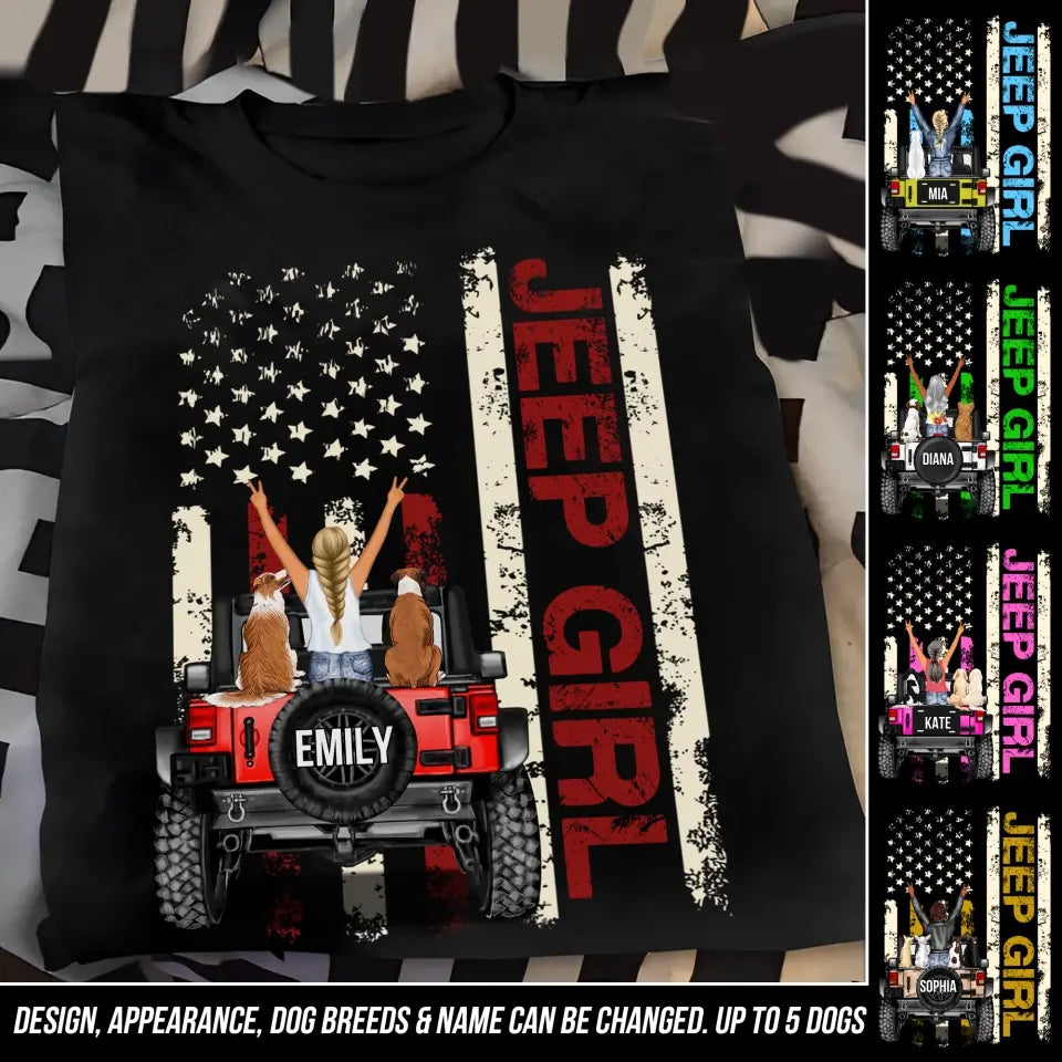 Personalized Jeep And Dog On Flag Color With Woman Chibi Custom Name Colors