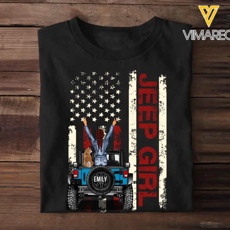 Personalized Jeep And Dog On Flag Color With Woman Chibi Custom Name Colors