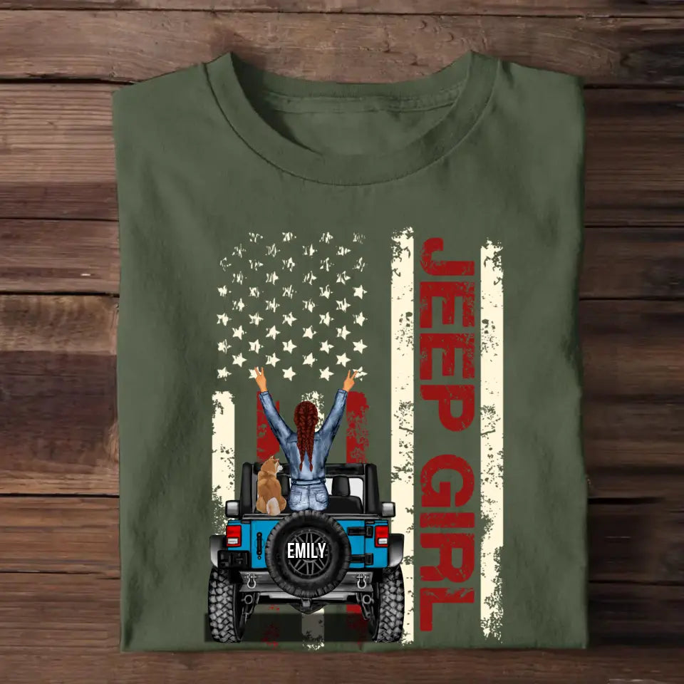 Personalized Jeep And Dog On Flag Color With Woman Chibi Custom Name Colors