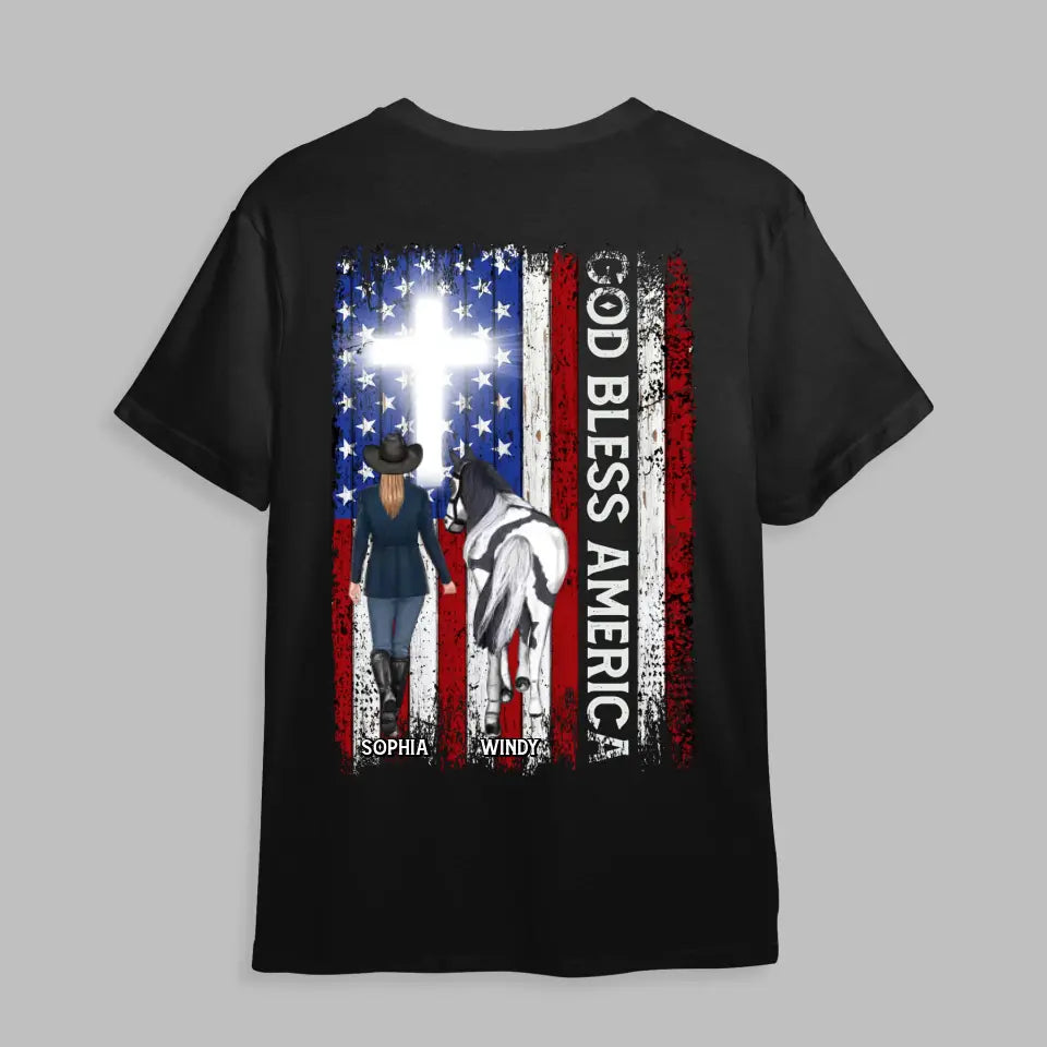 Personalized God Bless America Horse Girl Flag T-shirt Printed MTHHQ0206
