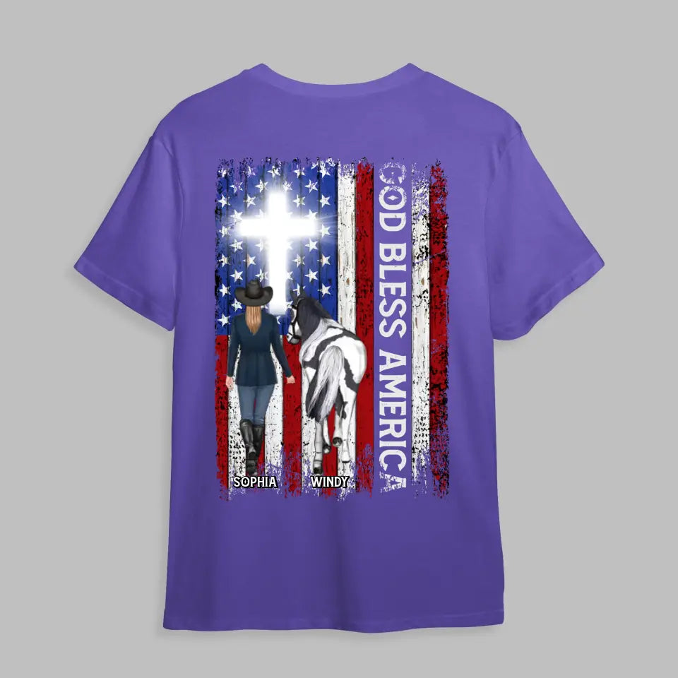 Personalized God Bless America Horse Girl Flag T-shirt Printed MTHHQ0206