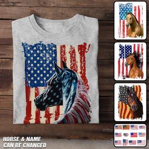 Personalized Upload Your Horse Photo Flag Background T-shirt Printed MTHDT0606