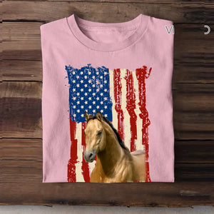 Personalized Upload Your Horse Photo Flag Background T-shirt Printed MTHDT0606