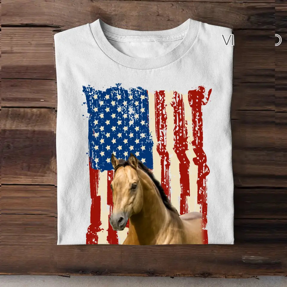 Personalized Upload Your Horse Photo Flag Background T-shirt Printed MTHDT0606
