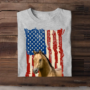 Personalized Upload Your Horse Photo Flag Background T-shirt Printed MTHDT0606