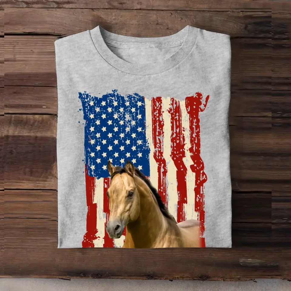 Personalized Upload Your Horse Photo Flag Background T-shirt Printed MTHDT0606
