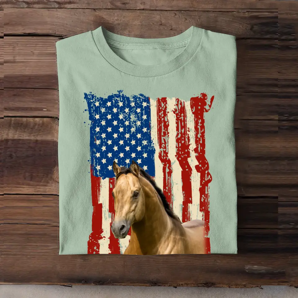 Personalized Upload Your Horse Photo Flag Background T-shirt Printed MTHDT0606