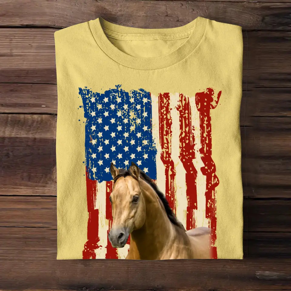 Personalized Upload Your Horse Photo Flag Background T-shirt Printed MTHDT0606