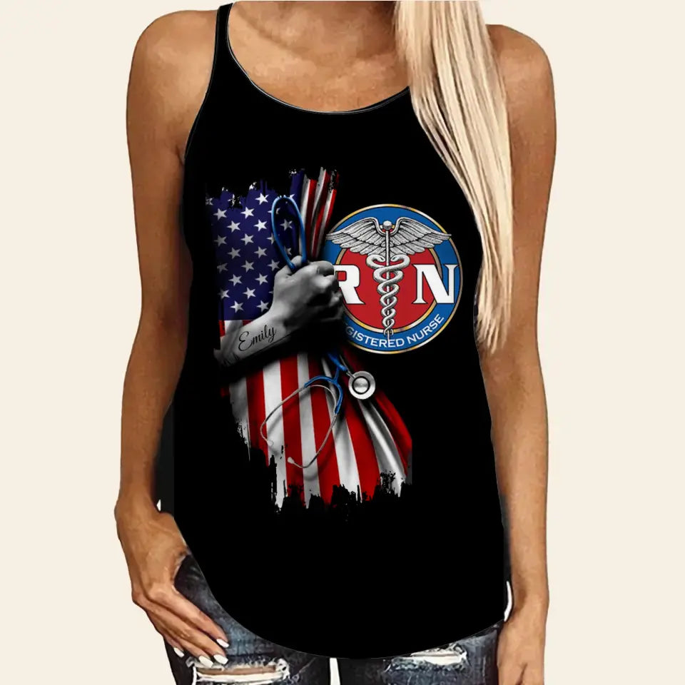Personalized Nurse Logo US Flag Gift For Nurse Criss Cross Tank Printed HTHDT1306