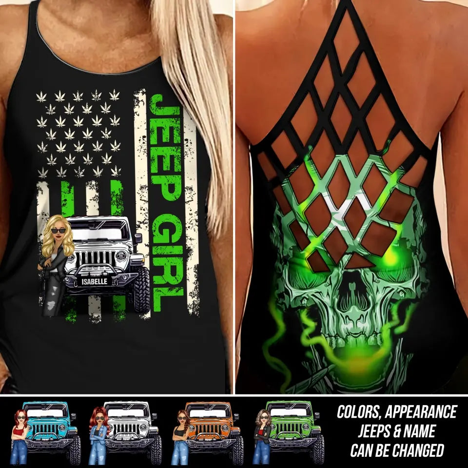 Personalized Jeep Girl Flag Background Jeep Lovers Criss Cross Tank Printed HTHDT1306