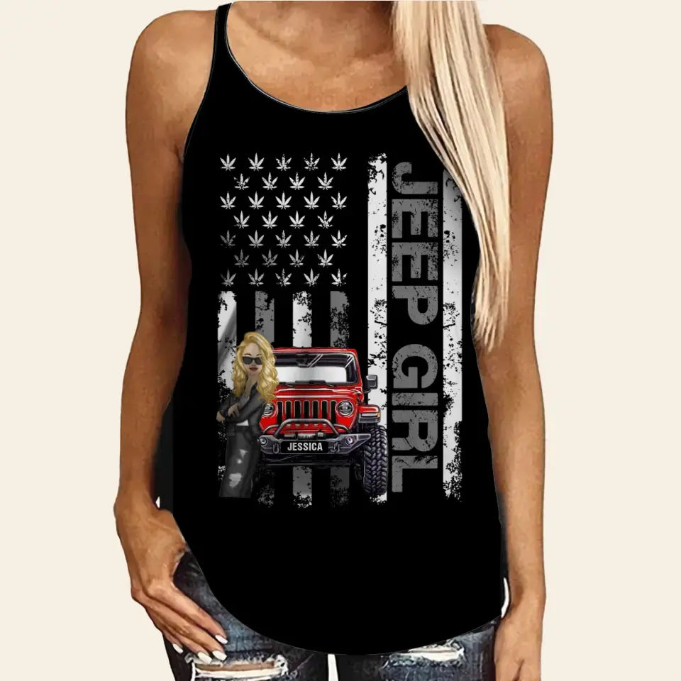 Personalized Jeep Girl Flag Background Jeep Lovers Criss Cross Tank Printed HTHDT1306