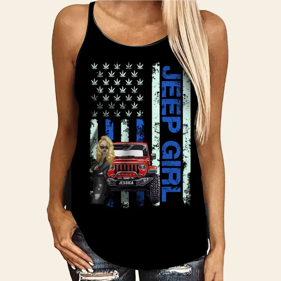 Personalized Jeep Girl Flag Background Jeep Lovers Criss Cross Tank Printed HTHDT1306