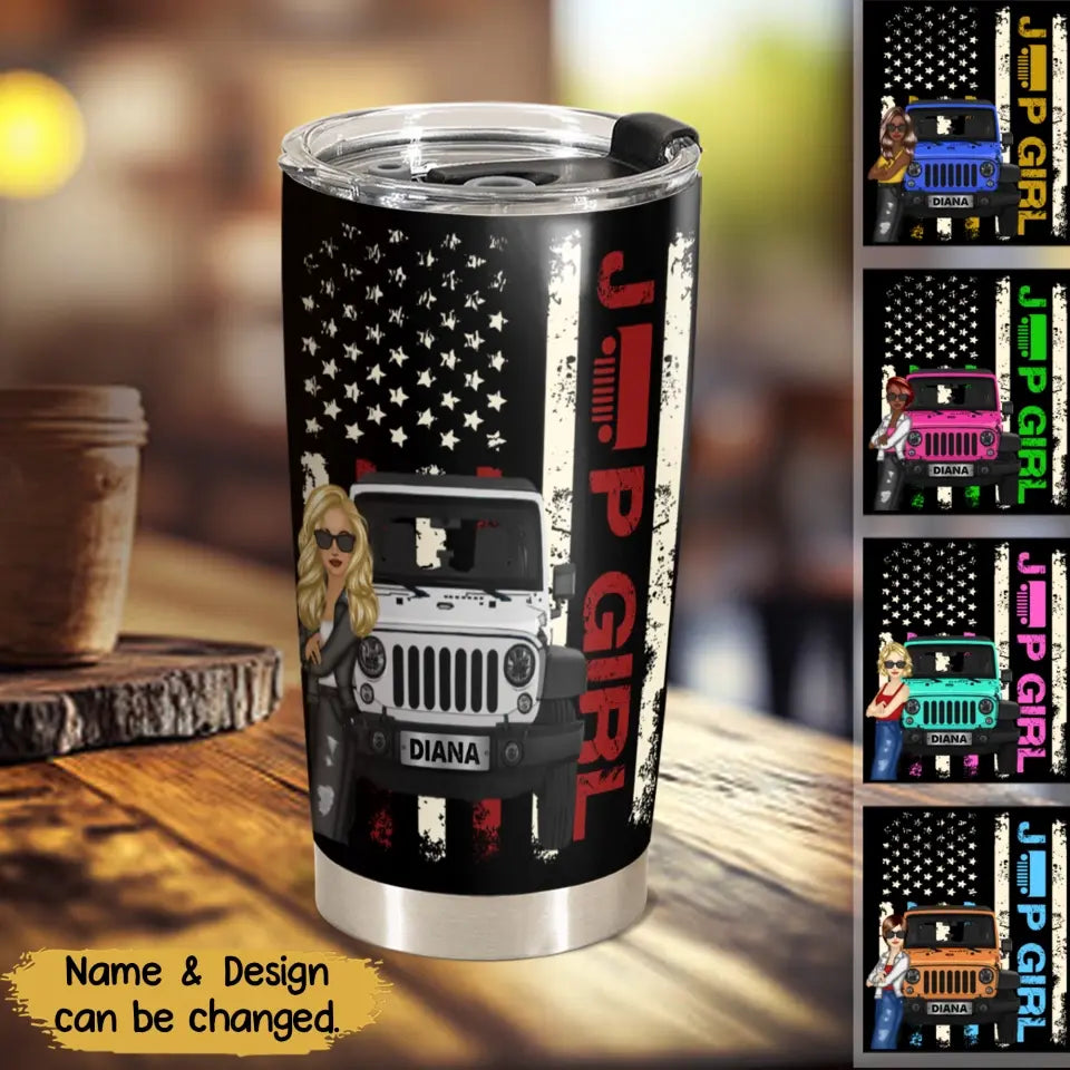 Personalized Jeep Flag Super Cool Girl Chibi Printed Tumbler For Jeep Owners