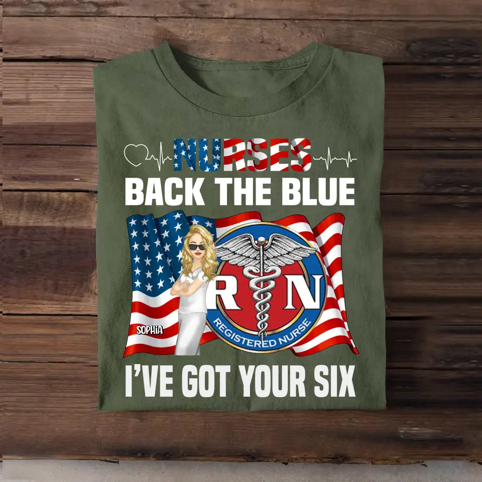 Personalized Nurse Back The Blue I've Got Your Six Flag & Logo T-shirt Printed MTHHQ1906