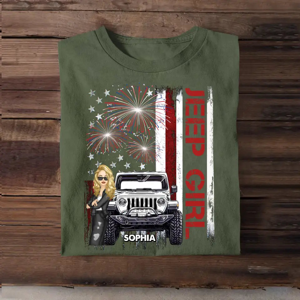 Personalized Jeep Girl Firework Flag Background Jeep Lovers Gift T-shirt Printed MTPN2106