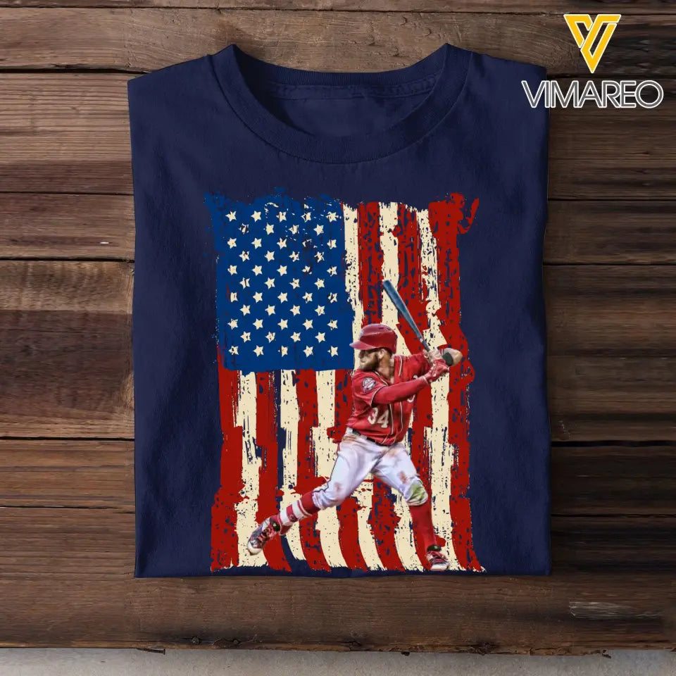Personalized Upload Your Baseball Photo Flag Background T-shirt Printed MTHPN1906