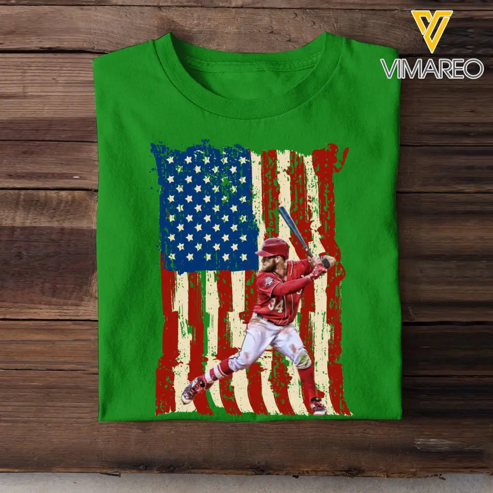 Personalized Upload Your Baseball Photo Flag Background T-shirt Printed MTHPN1906