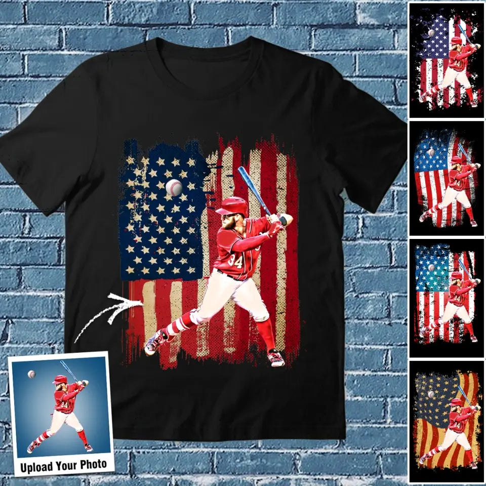 Personalized Upload Your Baseball Photo Flag Background T-shirt Printed MTHPN1906