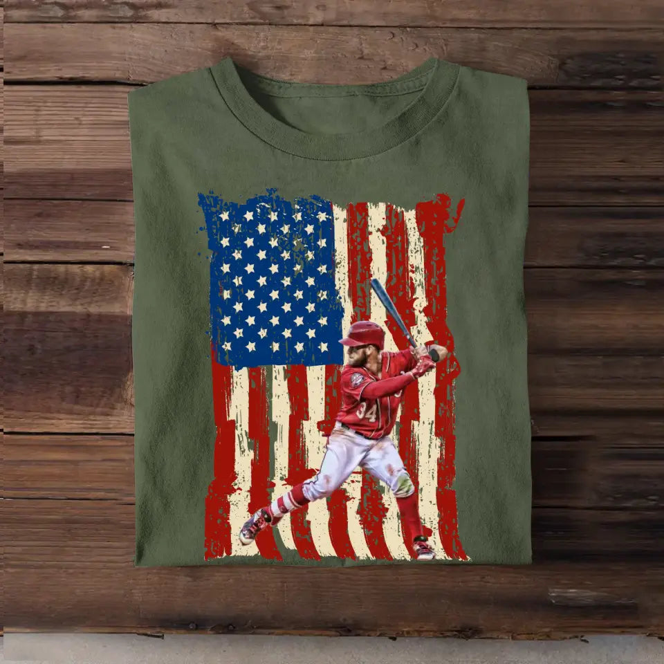 Personalized Upload Your Baseball Photo Flag Background T-shirt Printed MTHPN1906