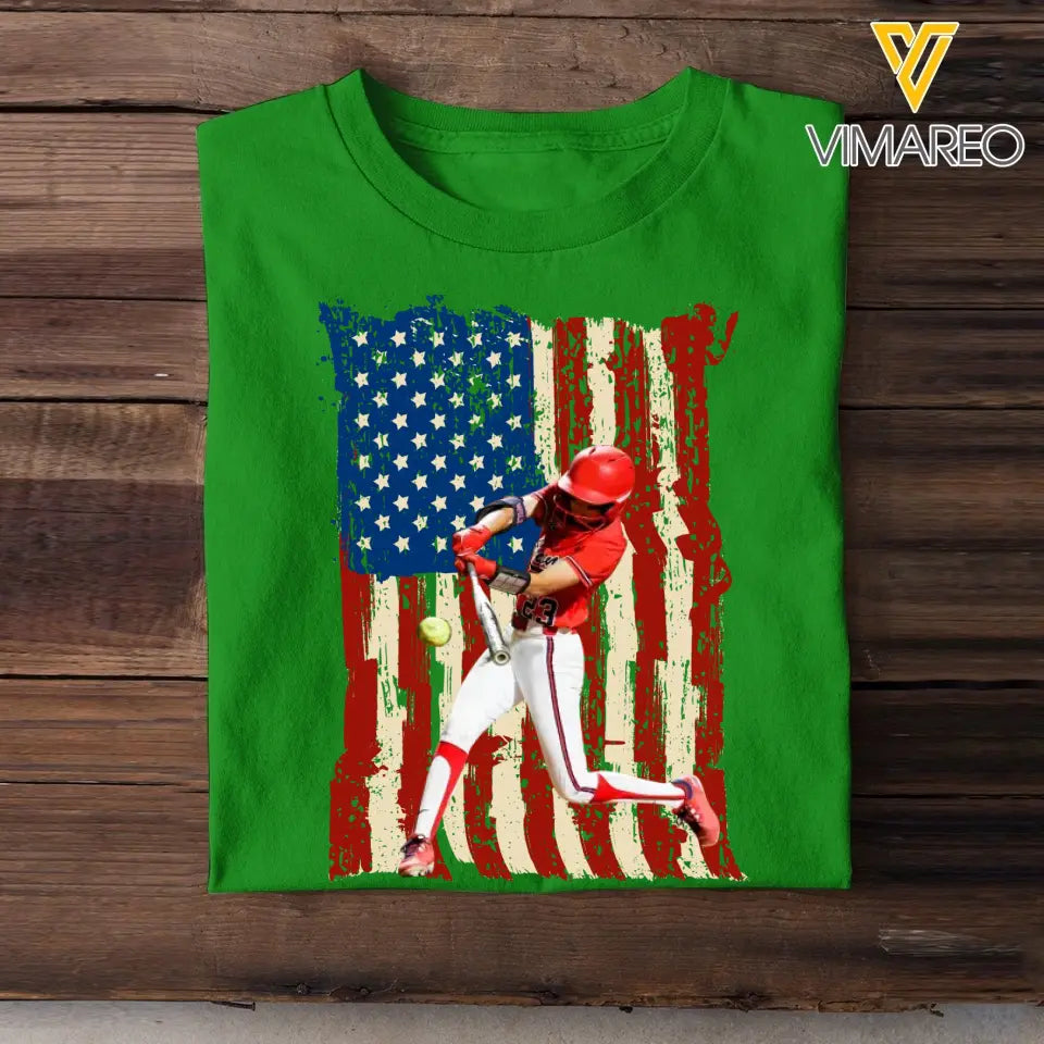 Personalized Upload Your Softball Photo Flag Background T-shirt Printed MTHPN1906